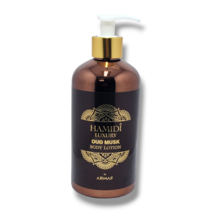 Hamidi Luxury Oud Musk Body Lotion By Armaf 500ml This body lotion features a luxurious and rich fragrance combining oud and musk. The result is a sophisticated, captivating scent that lingers throughout the day, providing a refined and pleasant aroma.