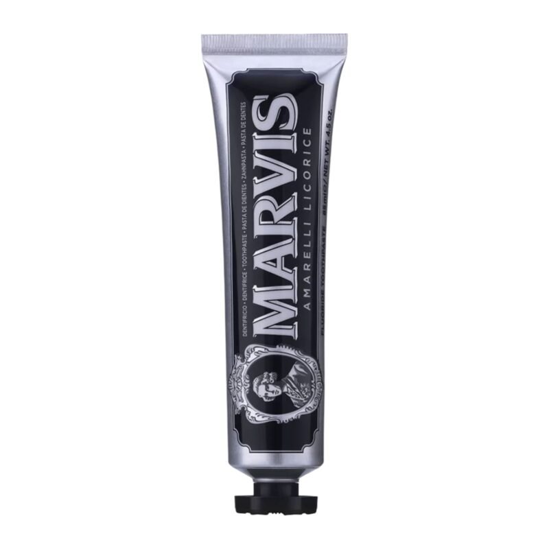 Marvis Amarelli Licorice Toothpaste 85ml with unique licorice-mint flavor and gentle whitening formula